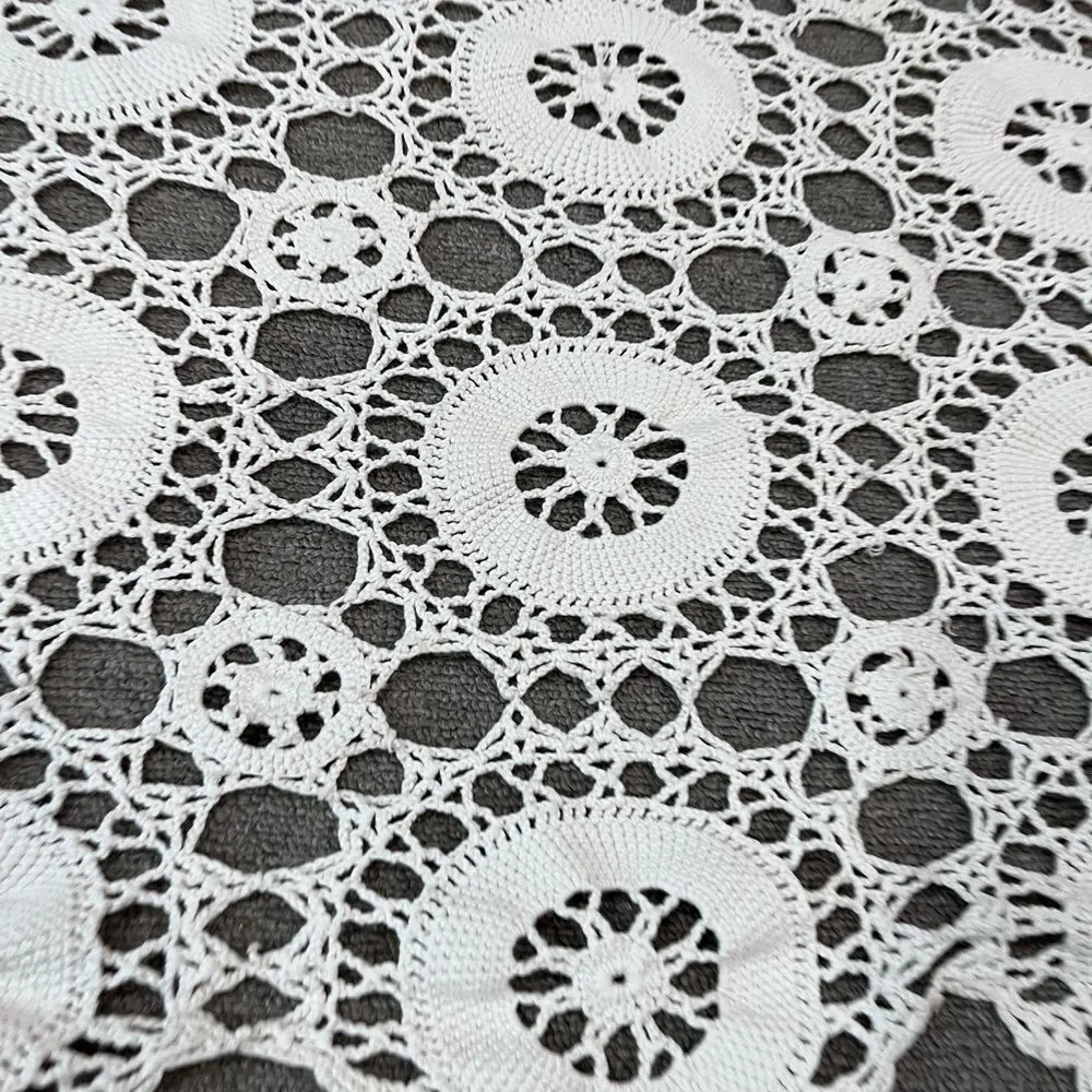 Vintage Hand Crocheted Grandma's Tablecloth, Cotton Handmade White 73x83